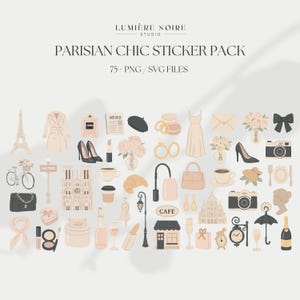 May include: A collection of Parisian-themed digital stickers in soft pastel colors. The stickers include illustrations of the Eiffel Tower, high heels, perfume, a beret, croissants, and other Parisian icons. The text on the image reads "PARISIAN CHIC STICKER PACK".