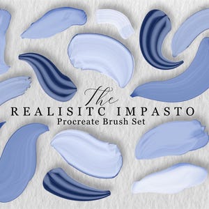 May include: An array of blue paint strokes in shades of light, medium, and dark blue, and white. The text "The REALISITC IMPASTO Procreate Brush Set" is displayed in the center of the image.