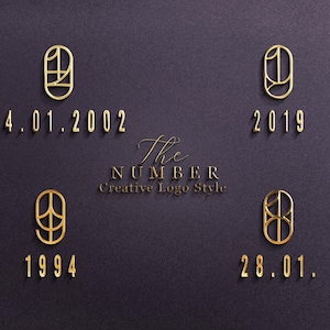 Puede incluir: Diseños de logotipos dorados con el texto "The NUMBER Creative Logo Style" sobre un fondo oscuro. Los logotipos presentan números estilizados dentro de una forma ovalada, con fechas como 14.01.2002, 2019, 1994 y 28.01. debajo.
