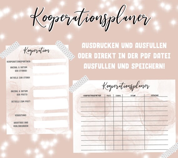 Kooperationsplaner Instagram Blog Pdf Drucken Oder Direkt Etsy