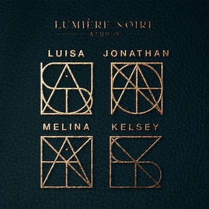 May include: Gold geometric logo designs on a dark teal textured background. The logos feature stylized initials within geometric shapes. The names "Luisa", "Jonathan", "Melina", and "Kelsey" are above or below the logos. The text "Lumière Noire Studio" is at the top.
