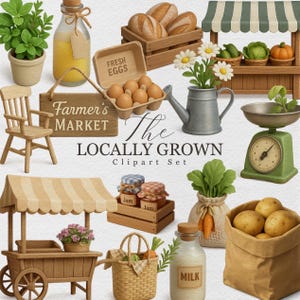 Könnte beinhalten: Eine Sammlung von Cliparts zum Thema Bauernmarkt. Enthält einen Holzkarren, eine Waage, ein Schild mit der Aufschrift "Farmer's Market", einen Eierkorb, einen Kartoffelkorb, eine Milchflasche und andere Artikel. Der Text "The Locally Grown Clipart Set" ist ebenfalls sichtbar.