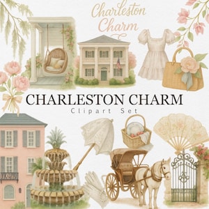 Könnte beinhalten: Aquarell-Clipart-Set mit dem Text "Charleston Charm". Das Bild zeigt Illustrationen eines Hauses, eines Kleides, eines Korbs, eines Fächers, einer Kutsche und eines Brunnens. Die Farbpalette umfasst weiche Rosa-, Grün- und Cremetöne.