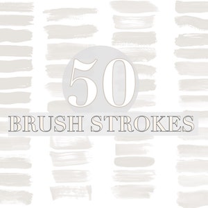 Könnte beinhalten: Fünfzig graue Pinselstriche in verschiedenen Größen und Formen. Die Pinselstriche sind in zwei Spalten angeordnet. Der Text "50 BRUSH STROKES" befindet sich in der Mitte des Bildes.