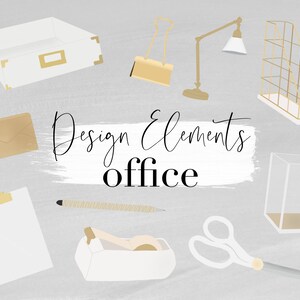 Könnte beinhalten: Illustration von Büro-Designelementen, darunter eine weiße Box, eine goldene Büroklammer, eine Schreibtischlampe, ein Datei-Organizer, ein Umschlag, ein Klemmbrett, ein Bleistift, ein Klebebandspender, eine Schere und ein durchsichtiger Würfel. Der Text lautet "Design Elements office."