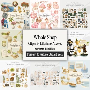 Può includere: Una collezione di set di clip art digitali, tra cui temi come Mykonos, Fairy Magic e Parisian Chic. L'immagine presenta varie illustrazioni, come fate, cibo e articoli di moda. Il testo sull'immagine recita "Whole Shop Cliparts Lifetime Access".