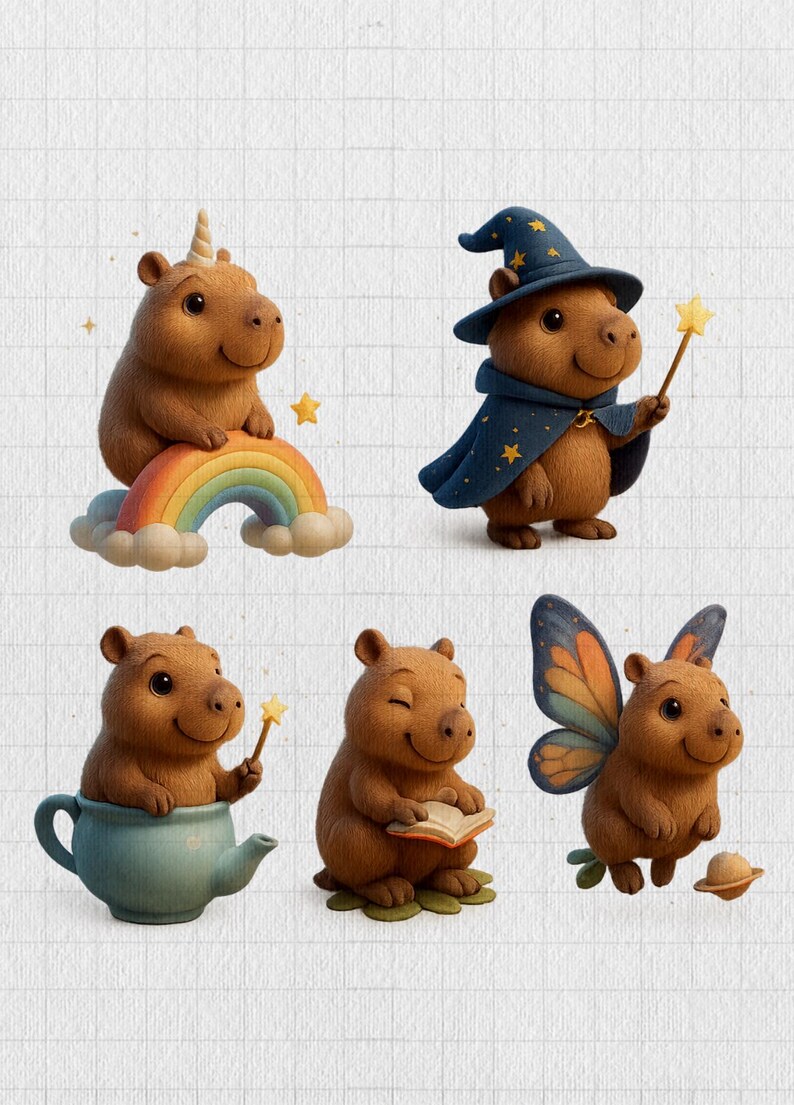 Cute Capybara Clipart Set – Adorable 3D PNGs of Cozy, Funny & Magical ...