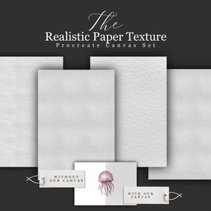 Könnte beinhalten: Ein Bild, das ein Procreate Canvas Set mit realistischen Papierstrukturen zeigt. Das Set enthält rechteckige Leinwände mit verschiedenen weißen Papierstrukturen. Eine kleine Karte zeigt eine Quallenillustration. Der Text lautet "The Realistic Paper Texture Procreate Canvas Set."