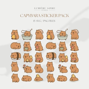 Könnte beinhalten: Eine Sammlung von Capybara-Aufklebern in verschiedenen Posen, darunter schlafend, badend und Gegenstände wie Obst und Sushi haltend. Die braunen Aufkleber mit schwarzen Umrissen sind auf hellem Hintergrund angeordnet. Der Text oben lautet "CAPYBARA STICKER PACK".