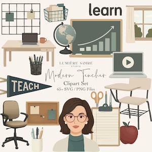 Könnte beinhalten: Digitale Illustration mit schulbezogenen Elementen. Enthält einen Schreibtisch mit Laptop, Globus, Tafel mit Diagramm, Lehrer und den Text "Modern Teacher Clipart Set".