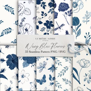 Könnte beinhalten: Eine Sammlung von marineblauen Blumenmustern auf cremefarbenem Hintergrund. Die Designs umfassen verschiedene Blumen, Blätter und Insekten. Der Text auf dem Etikett lautet "Navy Blue Flowers" und "33 Seamless Pattern PNG/SVG".