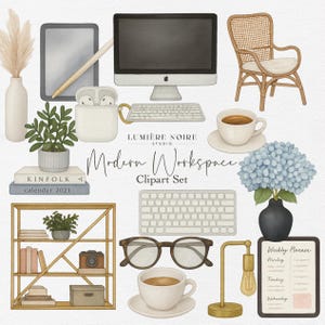 Puede incluir: Conjunto de imágenes prediseñadas de acuarela con temática de espacio de trabajo moderno. Incluye ordenador, teclado, silla, tazas de café, gafas, estantería, tableta con lápiz y elementos decorativos. El texto dice "Modern Workspace Clipart Set".