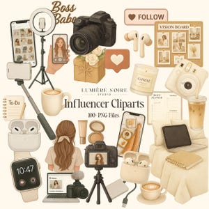 Puede incluir: Ilustración digital de imágenes prediseñadas con temática de influencers. Incluye una cámara, un teléfono inteligente, un aro de luz, una taza de café, AirPods, un vision board, una vela y otros accesorios. El texto incluye "Boss Babe", "Follow" e "Influencer Cliparts".