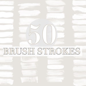 Könnte beinhalten: Ein Satz von 50 weißen Pinselstrichen auf einem hellgrauen Hintergrund. Die Pinselstriche sind in Reihen und Spalten angeordnet. Der Text "50 BRUSH STROKES" befindet sich in der Mitte des Bildes.