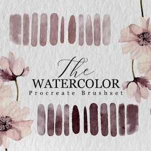 Könnte beinhalten: Digitales Aquarell-Pinselset mit floralen Akzenten. Das Bild zeigt Pinselstriche in verschiedenen Mauve- und Brauntönen, angeordnet über und unter dem Text "The WATERCOLOR Procreate Brushset". Zarte rosa Blumen umrahmen das Design.
