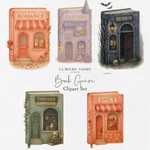 Könnte beinhalten: Aquarell-Clipart-Set mit fünf bücherförmigen Gebäuden, die jeweils ein Genre darstellen: Romanze, Fantasy, Horror, Thriller und Spicy. Das Set enthält den Titel "Book Genre Clipart Set" und den Studio-Namen "LUMIÈRE NOIRE STUDIO".