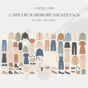 May include: Digital illustrations of a capsule wardrobe, featuring clothing and accessories in neutral colours. The image includes tops, trousers, dresses, and shoes in shades of beige, brown, and blue. Text at the top reads "CAPSULRE WARDROBE STICKER PACK".