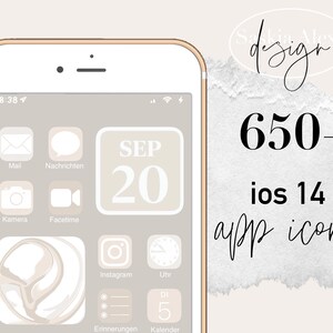 May include: A screenshot of an iPhone displaying a calendar app with the date September 20th. The app icons are in a beige color scheme with white text. The text "650+ ios 14 app icons" is visible in the upper right corner of the image.