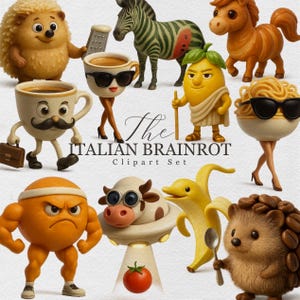Puede incluir: Una colección de personajes de dibujos animados caprichosos, que incluyen una cebra, un caballo, un limón, un plato de espaguetis y una taza de café, todos con rasgos humanos. También es visible el texto "The Italian Brainrot Clipart Set".