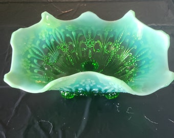 Northwood Glass Pearl Flowers Antique Green Opalescent Glass Footed Bowl c. 1910