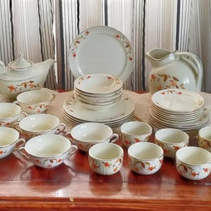 Service For 6 ( 34-Piece ) Hall China Jewel Tea Autumn Leaf Dinnerware