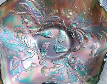 Fenton Thistle Green Carnival Glass Bowl c. 1911 Antique