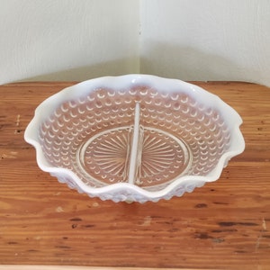 Anchor Hocking Clear Opalescent Moonstone Hobnail Glass 2-Part Round Relish Dish