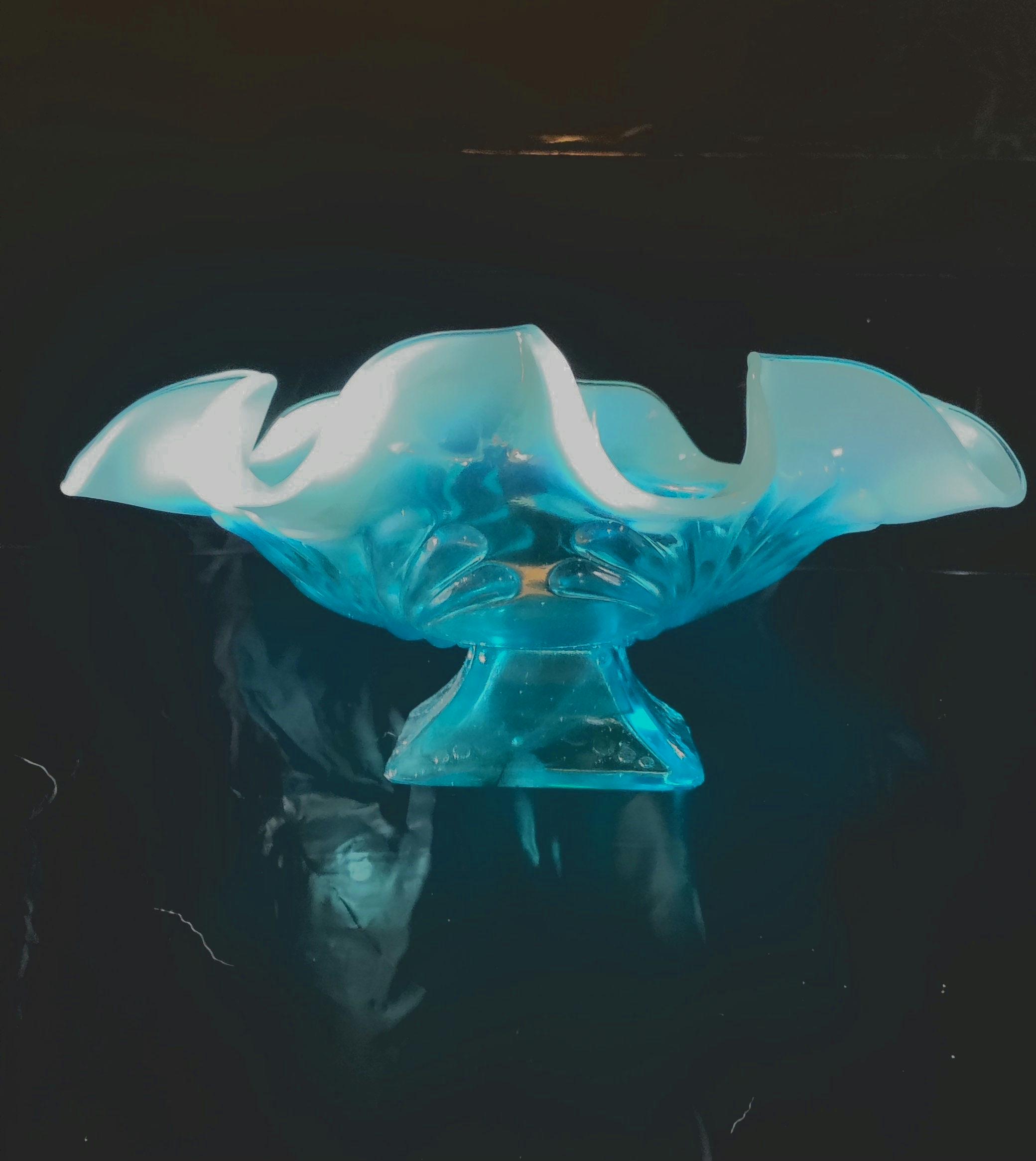 Jefferson Glass Beaded Fans Antique Blue Opalescent Glass Footed Bowl c. 1905