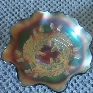 Antique Fenton ACORN Blue Carnival Glass Ruffled Edge 7-1/2&quot; Footed Bowl c. 1924
