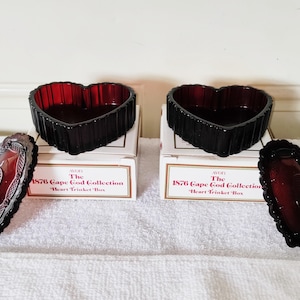 Set of 2 ~ Avon Ruby Red 1876 Cape Cod Heart Shaped Trinket Boxes - Both Mint Condition