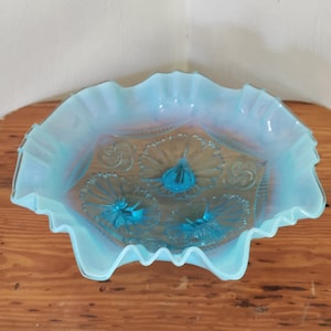 Jefferson Glass Antiguo Volantes y Anillos Vidrio Opalescente Azul Borde Ondulado Tazón Redondo de 3 Dedos