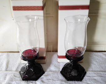 Pair of Avon Ruby Red 1876 Cape Cod 10-3/4" Hurricane Lamps With Globes and Boxes - Mint Condition