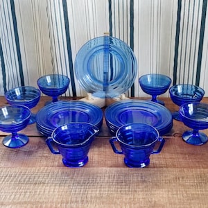 17 Piece Set of Hazel-Atlas Cobalt Blue MODERNTONE Depression Glass