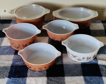 Pyrex Set of 6 ~ Early American Cinderella Mixing Bowls and Casserole Dishes