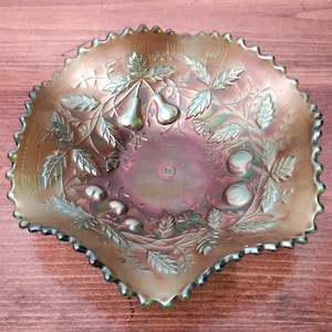 Northwood Antique Fruits & Flowers Green Carnival Glass Bonbon Dish