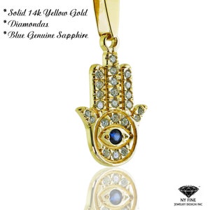 14K Yellow Gold Diamond Hamsa Pendant, Jewish Gold pendant, Evil eye Theme, Genuine Sapphire Hamsa Hand, Diamond Hamsa Necklace, Fatima Hand