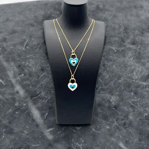 14k Yellow Gold Heart Pendant Necklace: Blue Enamel Inlay, 18 inch Chain