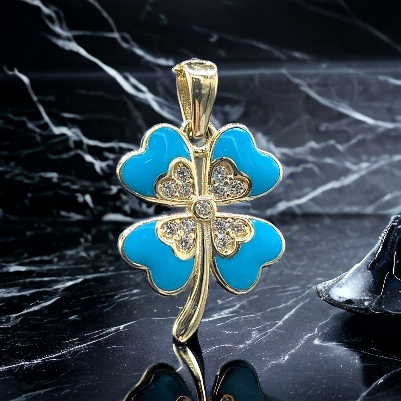 14k Yellow Gold Cz Clover Flower With Blue Enamel Inlay Necklace