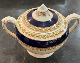 Empress Cobalt Blue Gold Crusted Crown Ducal  Sugar Bowl And Lid  Laurel Leaf Floral Lid