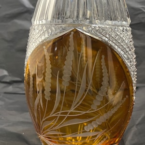 Rare Bohemian 24% Lead Crystal Amber Vintage Vase Oval Hand Cut in Poland Cut to Clear