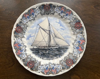 CHURCHILL China "Tall Ships - VOLUNTEER " Currier & Ives Copper Engravings 10" Dinner Plate Vintage Multi-Colored English Transferware