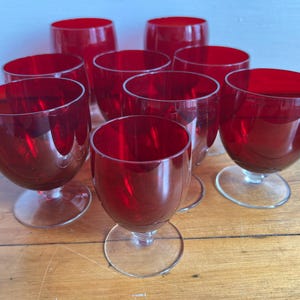 French Stemware Glassware Ruby Red Clear Stem 1960s Mid-Century Set of 9