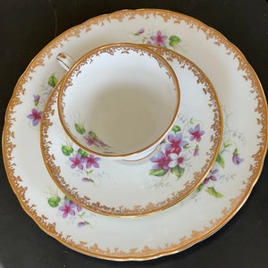 Vintage Aynsley C2522 Violets & Gilt Filigree Corset Trio Plate Teacup And Saucer Set