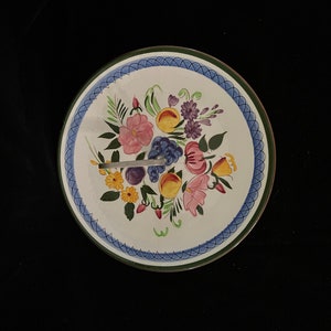 Stangl  Hand Painted Dura Fired  Pottery Fruit And Flowers Center Handle Round Serving Plate Platter With Metal Handle