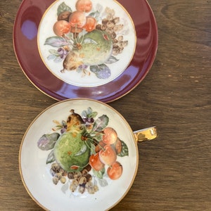 Saji Occupied Japan Fancy China Tasse und Untertasse Set Obstgarten Obst und Kirschen