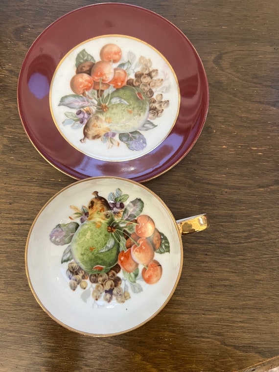 Saji Occupied Japan Fancy China Cup and Saucer Set Orchard Fruit 