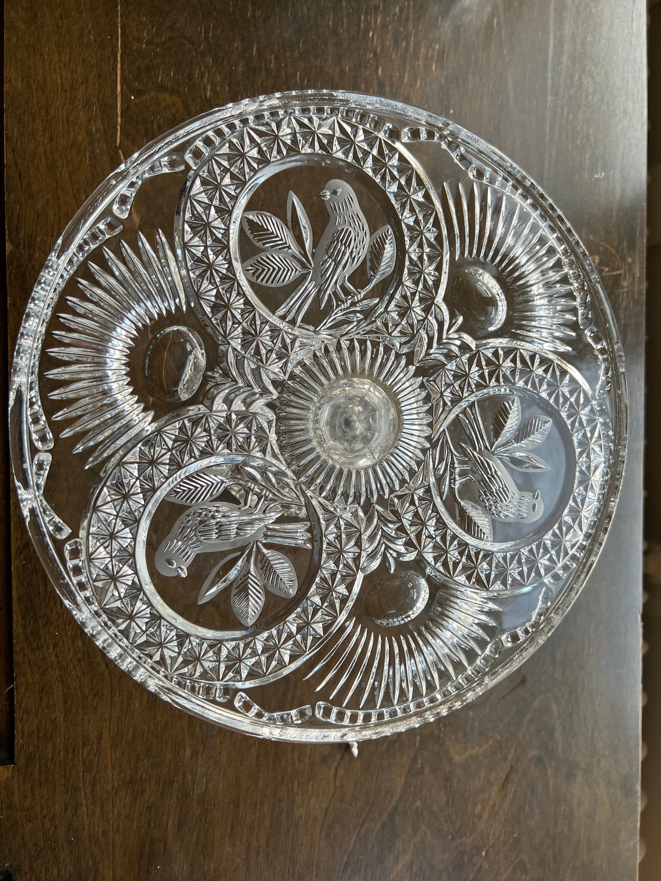 Etch Bleikristall Lead Crystal Cake Plate With Birds Reverses to