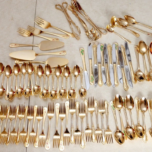 Holiday Gold Plated Flatware Set Service For 12 With Serving Pieces