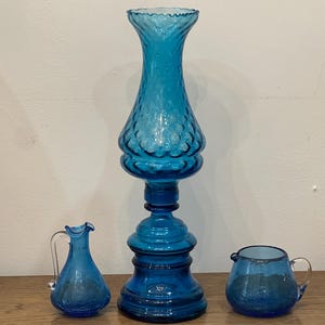 VTG Empoli Peacock Blue Hurricane Candle Lamp | Pressed Glass | Italy | 15.25&quot;