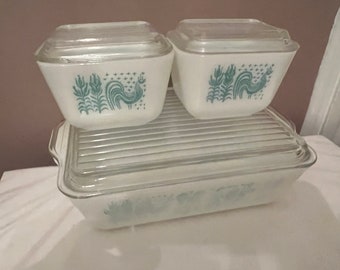 Vintage Pyrex Turquoise AMISH BUTTERPRINT Ensemble de vaisselle et couvercles pour réfrigérateur 6 pièces